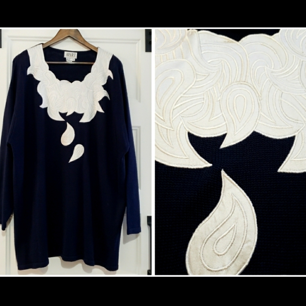 Vintage Apart Impressions Wool Blend Navy Knit Appliqué Sweater Jumper Womens 3X